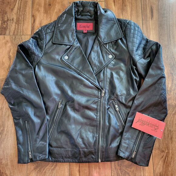 Womens 100% Black Leather Jacket  Asymmetrical Zip Moto Jacket Quilted - Picture 1 of 10